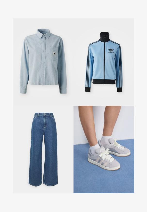 Veste de survêtement Adidas bleu clair avec col, poignets et ourlet noirs, trois bandes noires sur les manches et logo Adidas sur la poitrine gauche.; Chemise boutonnée à manches longues bleu clair avec un motif texturé, une poche poitrine et une étiquette de marque sur la poche. Fabriquée en tissu tissé.; Pantalons en denim bleu à jambes larges avec taille haute, couture contrastée et poches latérales, présentant un design classique à cinq poches et des ourlets bruts.; Baskets en suède gris avec des lacets blancs et une semelle en caoutchouc, présentant trois stripes diagonales sur le côté et une étiquette logo sur la languette.