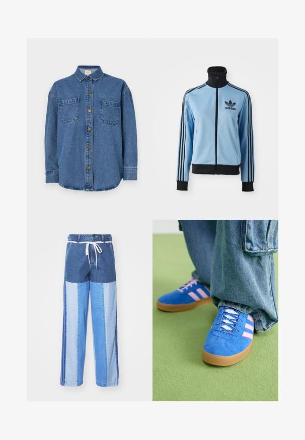 Helles blaues Adidas-Trainingsjacke mit schwarzem Kragen, Bündchen und Saum, drei schwarzen Streifen auf den Ärmeln und dem Adidas-Logo auf der linken Brust.; Denim-Hemd in Mittelblau, mit Knopfleiste, zwei Brusttaschen und einem Kragen. Lange Ärmel mit geknöpften Manschetten.; Blaue Denim-Hosen mit einem Patchwork-Design in verschiedenen Blautönen, einem Kordelzugbund und lockeren, gerade geschnittenen Beinen.; Blaue Wildlederschuhe mit rosa Streifen und weißen Schnürsenkeln, ausgestattet mit einer Gummisohle, kombiniert mit lockeren Jeanshosen auf einer grünen Fläche.
