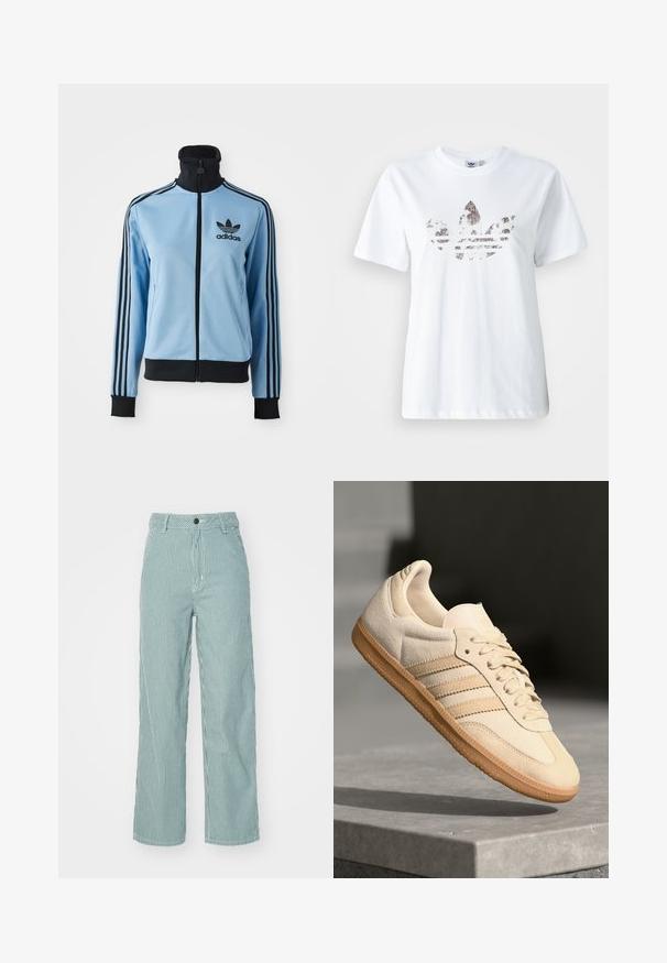 Lyseblå Adidas treningsjakke med svart krage, mansjetter, hem og tre svarte striper på armene, samt Adidas-logo på venstre bryst.; Hvit bomulls T-skjorte med et stort, glitrende, mørkt grafikk av Adidas trefoil-logoen foran. Korte ermer og rund hals.; Dickies HICKORY PANT - Bukse - lincoln green; Lys beige suedette sneakers med gummisåle, tre diagonale striper og en teksturert tåhette. Har logo på tungen og siden.