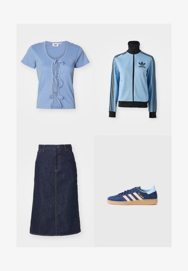 Lyseblå Adidas treningsjakke med svart krage, mansjetter, hem og tre svarte striper på armene, samt Adidas-logo på venstre bryst.; Lyseblå ribbet T-skjorte med korte ermer, med dyp v-utringning og frontsnøring for justering. Merkenavnet er brodert på brystet.; Mørk denimskjørt med høy midje, rett snitt, frontlommer og sømmer. Har glidelås og knappeåpning i midjen.; Blå sneakers i fløyel med tre rosa striper, gummisåle og subtil merkevare. Har en kontrasterende lyseblå hælflik og teksturert tåboks.