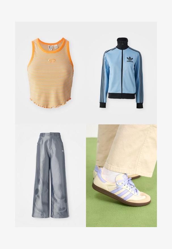 Helles blaues Adidas-Trainingsjacke mit schwarzem Kragen, Bündchen und Saum, drei schwarzen Streifen auf den Ärmeln und dem Adidas-Logo auf der linken Brust.; Gestreiftes Croptop in Orange und Hellblau, mit geripptem Stoff, rundem Ausschnitt und gewelltem Saum. Kleines diamantförmiges Logo auf der Vorderseite gestickt.; Weite Hose aus glänzendem grauem Material, ausgestattet mit weißen seitlichen Streifen und einem Flammenmuster an den Unterschenkeln. Knopf- und Reißverschlussverschluss an der Taille.; Cremefarbene und lavendelfarbene Sneakers mit drei Streifen und einer strukturierten braunen Sohle, ausgestattet mit Schnürsenkeln und einer gepolsterten Ferse. Obermaterial aus weichem Stoff.