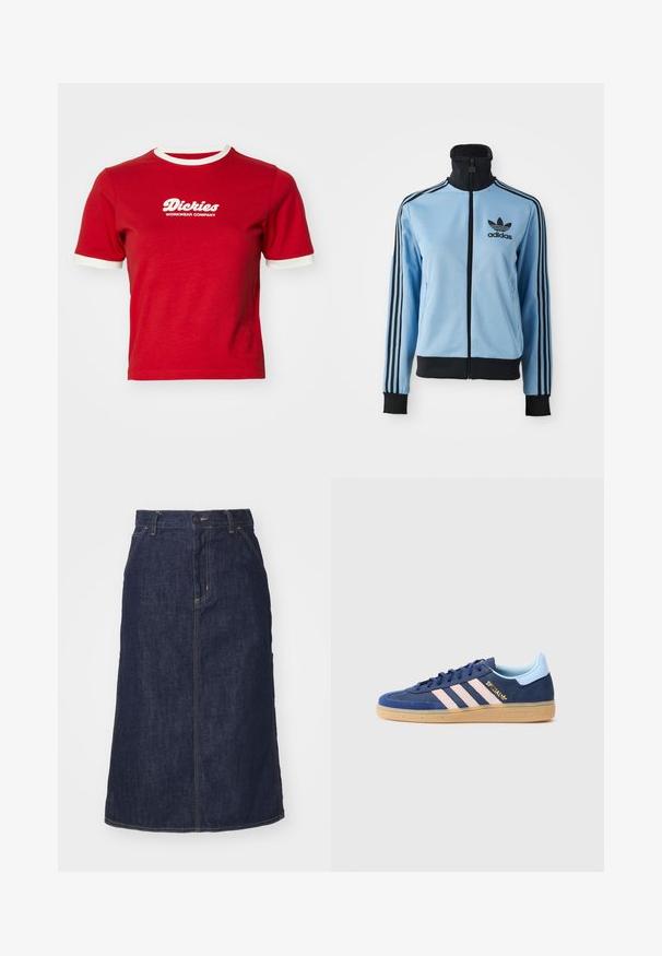Gaiši zils Adidas sporta jakas ar melnu apkakli, aprocēm un apakšmalu, trīs melnām svītrām uz piedurknēm, un Adidas logo kreisajā krūtī.; Sarkana kokvilnas T-kreklu ar baltām kontrastējošām ribētām piedurknēm un apkakli. Priekšpusē atrodas balta "Dickies Workwear Company" logotips.; Tumša zila džinsu svārku ar augstu jostasvietu, taisnu piegriezumu, priekšējām kabatām un šuvēm. Iekļauta rāvējslēdzēja un pogas aizdare jostasvietā.; Zila zamša tenisa apavi ar trim rozā svītrām, gumijas zole un diskrēta zīmola simbolika. Iezīmējas ar kontrastējošu gaiši zilu papēža cilpu un fakturētu pirkstu daļu.
