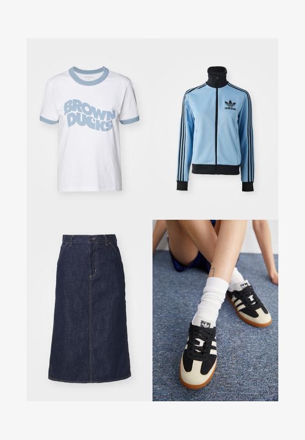 Light blue Adidas track jacket with black collar, cuffs, hem, three black stripes on sleeves, and Adidas logo on left chest.; White cotton t-shirt with light blue ribbed collar and cuffs. Features bold blue text reading "BROWN DUCKS" across the front.; Dark denim skirt with a high waist, straight cut, front pockets, and stitched seams. Features a zip and button closure at the waist.; Black and white athletic shoes with a suede and leather upper, featuring three white stripes and a gum sole. Pair worn with white socks.