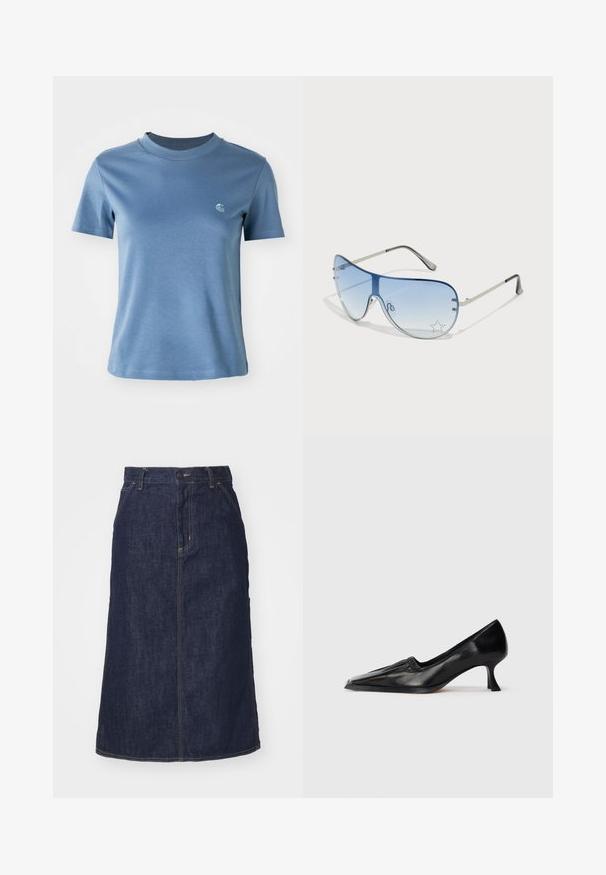 Giacca da allenamento Adidas di colore blu chiaro con colletto, polsini e orlo neri, tre strisce nere sulle maniche e logo Adidas sul petto sinistro.; T-shirt azzurro chiaro a maniche corte con collo a giro e piccolo logo bianco sul lato sinistro del petto su uno sfondo bianco plain.; Gonna di jeans scuro con vita alta, taglio dritto, tasche frontali e cuciture a vista. Presenta una chiusura con zip e bottone in vita.; Scarpa nera in pelle con tacco medio, punta quadrata e leggero dettaglio arricciato lungo il bordo superiore, mostrata di profilo su sfondo bianco.; Occhiali da sole aviator con lenti blu sfumate, montatura in metallo argentato e decorazioni a forma di stella sulle lenti. Design liscio e sofisticato.