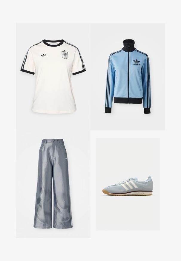 Casaco de treino Adidas azul claro com colarinho, punhos e bainha pretos, três riscas pretas nas mangas e o logótipo da Adidas no lado esquerdo do peito.; T-shirt creme com gola e punhos pretos, apresentando o logótipo da Adidas em preto e o emblema da seleção nacional de Espanha, além de riscas escuras nas mangas.; Calças de pernas largas em material cinza brilhante, com riscas brancas nas laterais e um padrão de chamas na parte inferior das pernas. Fecho com botão e fecho éclair na cintura.; Sneakers de camurça azul claro com três riscas brancas, sola de borracha e malha texturizada. Apresenta uma biqueira lisa e marca no calcanhar.