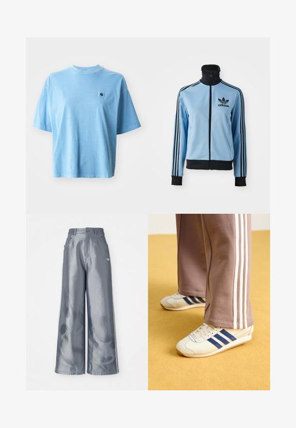 Helles blaues Adidas-Trainingsjacke mit schwarzem Kragen, Bündchen und Saum, drei schwarzen Streifen auf den Ärmeln und dem Adidas-Logo auf der linken Brust.; Hellblaues Baumwoll-T-Shirt mit Rundhalsausschnitt, kurzen Ärmeln und einem quadratischen Logo-Patch auf der linken Brust. Weicher Stoff und lockere Passform.; Weite Hose aus glänzendem grauem Material, ausgestattet mit weißen seitlichen Streifen und einem Flammenmuster an den Unterschenkeln. Knopf- und Reißverschlussverschluss an der Taille.; Cremfarbene Sneaker mit blauen Wildlederstreifen, weißen Schnürsenkeln und einer Gummisohle. Kombiniert mit grauen Jogginghosen mit weißen Seitenstreifen.