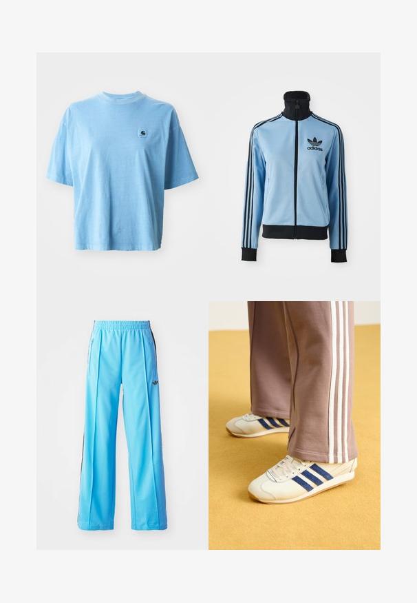 Light blue Adidas track jacket with black collar, cuffs, hem, three black stripes on sleeves, and Adidas logo on left chest.; Light blue cotton t-shirt with a round neck, short sleeves, and a square logo patch on the left chest. Soft texture and relaxed fit.; Light blue athletic pants with an elastic waistband, side zippers, and black side accents. Soft fabric with a loose, wide-leg design.; Cream sneakers with blue suede stripes, white laces, and a rubber sole. Paired with gray sweatpants featuring white side stripes.