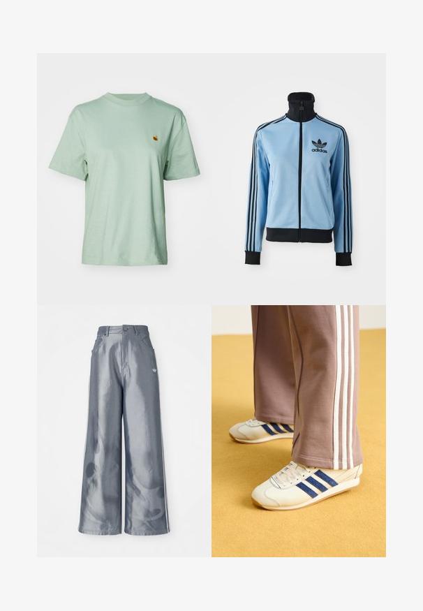 Light blue Adidas track jacket with black collar, cuffs, hem, three black stripes on sleeves, and Adidas logo on left chest.; Mint green cotton t-shirt with a crew neckline, short sleeves, and a small embroidered logo on the chest. Soft texture and relaxed fit.; Wide-leg pants in shiny gray material, featuring white side stripes and a flame pattern on the lower legs. Button and zipper closure at the waist.; Cream sneakers with blue suede stripes, white laces, and a rubber sole. Paired with gray sweatpants featuring white side stripes.