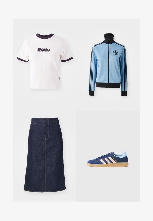 Lyseblå Adidas treningsjakke med svart krage, mansjetter, hem og tre svarte striper på armene, samt Adidas-logo på venstre bryst.; Hvit T-skjorte med mørk marineblå ribbestrikket krage og ermer. Har et stort grafisk tekstlogo i mørk marineblå med teksten "Dickies WORKWEAR COMPANY."; Mørk denimskjørt med høy midje, rett snitt, frontlommer og sømmer. Har glidelås og knappeåpning i midjen.; Blå sneakers i fløyel med tre rosa striper, gummisåle og subtil merkevare. Har en kontrasterende lyseblå hælflik og teksturert tåboks.