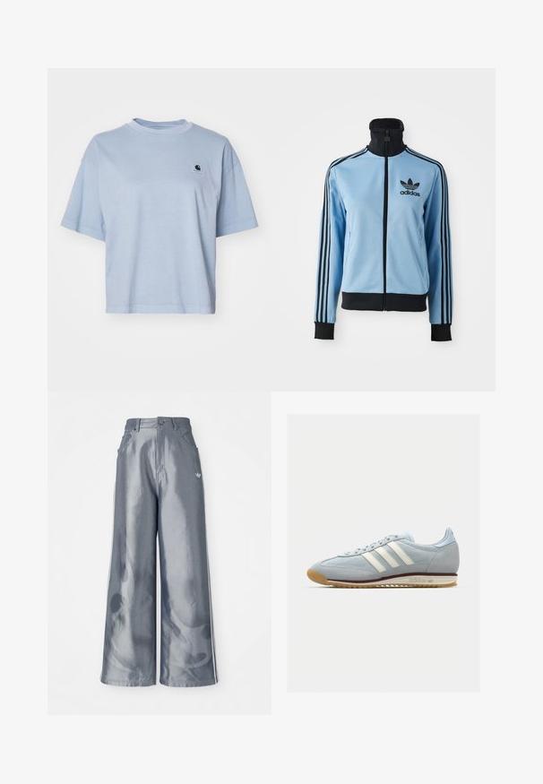 Casaco de treino Adidas azul claro com colarinho, punhos e bainha pretos, três riscas pretas nas mangas e o logótipo da Adidas no lado esquerdo do peito.; Carhartt WIP NELSON - T-shirt básica - dusty ice; Calças de pernas largas em material cinza brilhante, com riscas brancas nas laterais e um padrão de chamas na parte inferior das pernas. Fecho com botão e fecho éclair na cintura.; Sneakers de camurça azul claro com três riscas brancas, sola de borracha e malha texturizada. Apresenta uma biqueira lisa e marca no calcanhar.