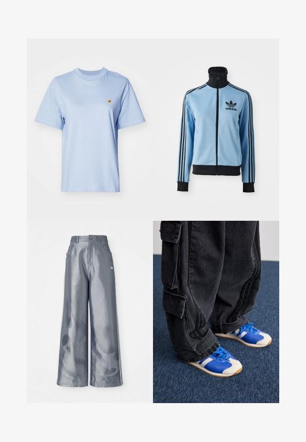 Giacca da allenamento Adidas di colore blu chiaro con colletto, polsini e orlo neri, tre strisce nere sulle maniche e logo Adidas sul petto sinistro.; T-shirt di cotone azzurro chiaro con maniche corte, scollatura tonda e piccolo logo ricamato giallo sul petto. Tessuto morbido, vestibilità comoda.; Pantaloni a gamba larga in materiale grigio lucido, con strisce laterali bianche e un motivo a fiamma sulla parte inferiore delle gambe. Chiusura con bottone e zip in vita.; Persona che indossa pantaloni cargo neri larghi e sneakers blu e bianche, in piedi su un tappeto blu scuro.