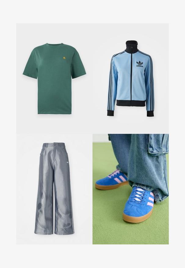 Jachetă de trening Adidas de culoare albastru deschis, cu guler, manșete și tiv negre, trei dungi negre pe mâneci și logo-ul Adidas pe pieptul stâng.; Tricou din bumbac teal, cu mâneci scurte, guler rotund și un mic logo galben pe pieptul stâng. Textură netedă și croială lejeră.; Pantaloni cu picioare largi din material lucios gri, având dungi laterale albe și un model cu flăcări pe picioarele inferioare. Închidere cu nasture și fermoar la talie.; Pantofi din piele întoarsă albaștri cu dungi roz și șireturi albe, având o talpă din cauciuc gumat, asortați cu pantaloni din denim largi pe o suprafață verde.
