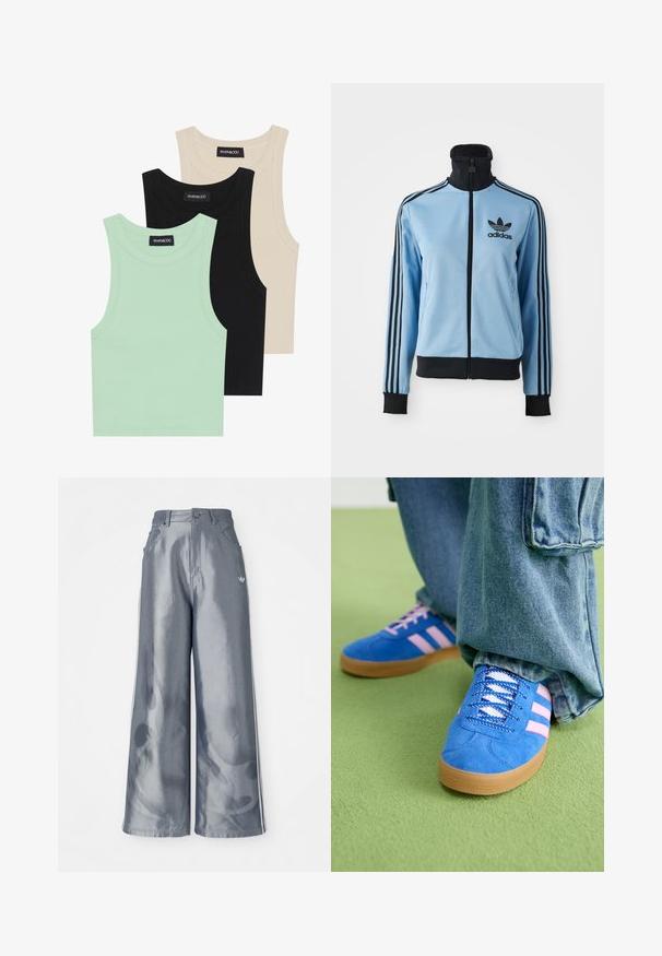 Helles blaues Adidas-Trainingsjacke mit schwarzem Kragen, Bündchen und Saum, drei schwarzen Streifen auf den Ärmeln und dem Adidas-Logo auf der linken Brust.; Drei Tanktops in Mintgrün, Schwarz und Beige; aus geripptem Stoff mit Rundhalsausschnitt und ohne Ärmel. Markenlabel sichtbar.; Weite Hose aus glänzendem grauem Material, ausgestattet mit weißen seitlichen Streifen und einem Flammenmuster an den Unterschenkeln. Knopf- und Reißverschlussverschluss an der Taille.; Blaue Wildlederschuhe mit rosa Streifen und weißen Schnürsenkeln, ausgestattet mit einer Gummisohle, kombiniert mit lockeren Jeanshosen auf einer grünen Fläche.
