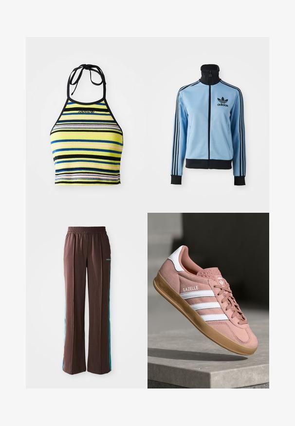 Casaco de treino Adidas azul claro com colarinho, punhos e bainha pretos, três riscas pretas nas mangas e o logótipo da Adidas no lado esquerdo do peito.; Top crop halter riscado, feito de um tecido suave, apresentando riscas amarelas, pretas, azuis e rosas, com um decote preto e detalhe para amarrar.; Calças atléticas castanhas com uma textura canelada, cintura elástica e riscas laterais turquesa. Apresentam o logo da adidas na frente.; Sapatilhas em camurça rosa com riscas brancas, sola de borracha, parte superior texturizada e logótipo na língua. Design clássico de cano baixo.