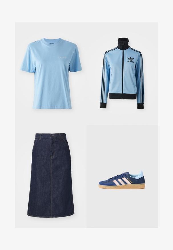 Helles blaues Adidas-Trainingsjacke mit schwarzem Kragen, Bündchen und Saum, drei schwarzen Streifen auf den Ärmeln und dem Adidas-Logo auf der linken Brust.; Kurzarm-T-Shirt mit Rundhalsausschnitt aus weichem Baumwollstoff in Himmelblau, mit kleinem weißen Carhartt-Logo auf der Brust. Glatte Textur.; Dunkelblaue Jeansrock mit hoher Taille, geradem Schnitt, aufgesetzten Taschen und genähten Nähten. Mit einem Reißverschluss und einem Knopfverschluss an der Taille.; Blaue Wildleder-Sneaker mit drei pinken Streifen, Gummisohle und dezentem Branding. Verfügt über eine kontrastierende hellblaue Fersenlasche und eine strukturierte Zehenbox.
