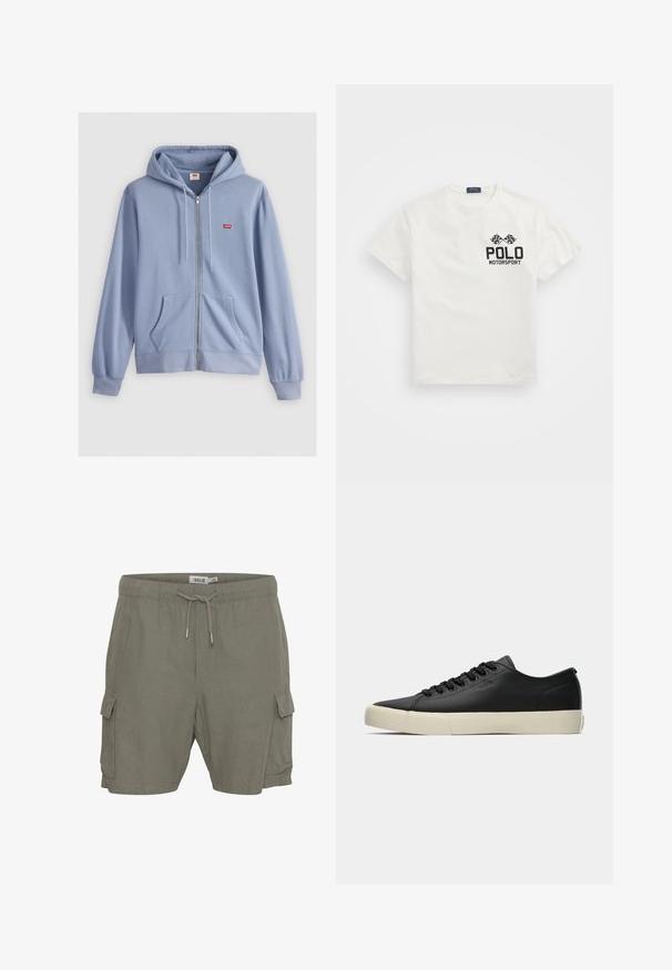 Lyseblå lynlås hoodie lavet af blød bomuld, med en kængurulomme og et lille rødt Levi's logo på venstre bryst.; Hvid bomulds T-shirt med rund hals, med et sort "Polo Motorsport" logo og krydsede ternede flag på venstre bryst.; Cargo shorts i olivenfarvet stof, med en snoretræk i taljen, sidelommer og et let, struktureret materiale.; Lave sorte lædersneaker med sorte snøre og off-white gummisål, sideprofil der viser subtil "BOSS" branding.