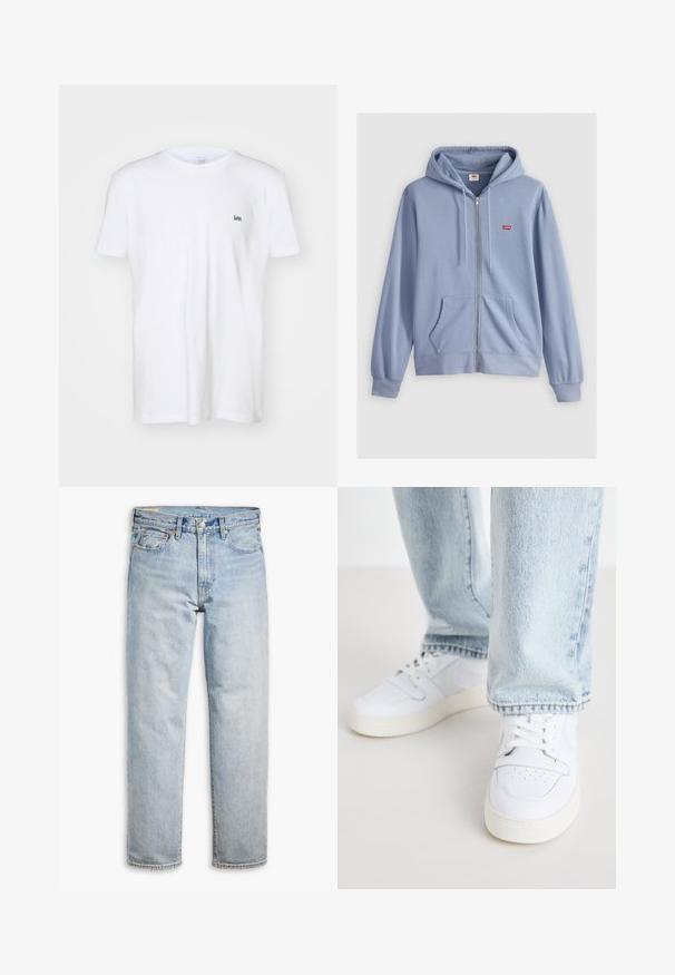 Heledad sinine tõmblukkidega kapuutsiga jope, mis on valmistatud pehmest puuvillast, millel on känguru tasku ja väike punane Levi's logo vasakul rinnal.; Valge puuvillane t-särk lühikeste varrukatega, mille vasakul rinnal on väike must tikitud "Lee" logo. Lihtne ja klassikaline disain.; Heledsinise denimist teksased, sirge jala disainiga, millel on nupulisulgemine, viie tasku stiil ning kergelt pleekinud viimistlus kangal.; Valged nahast madala profiiliga spordijalatsid, millel on perforatsiooniga varvas, lame paelad ja minimalistlik disain. Koos helesiniste teksadega.