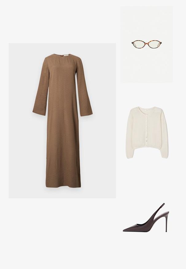 American Vintage VITO - Kardigán - blanc; Dlhé hnedé šaty s okrúhlym výstrihom, dlhými širokými rukávmi a zadným zapínaním na zips, zobrazené na jednoduchom bielom pozadí.; Bordová lakovaná kožená lodička na vysokom opätku so špicatou špičkou a štíhlym stiletto opätkom. Hladká textúra a minimalistický dizajn.; Korytnačkové okuliare s oválnymi šošovkami a hladkým, lesklým povrchom. Majú tenké strany s jemným zakrivením na spánkoch. Priehľadné šošovky.