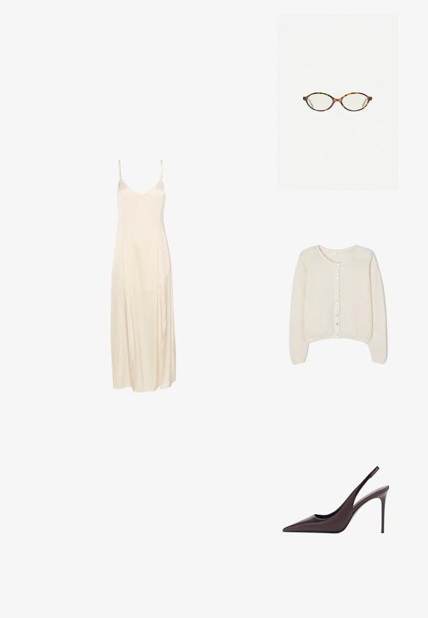 American Vintage VITO - Strickjacke - blanc; Ivory Satin-Nachtkleid mit dünnen Spaghetti-Trägern, einem tiefen V-Ausschnitt und einem fließenden, knöchellangen Design. Glatte Textur und minimale Nähte.; Burgunderfarbene Lackleder-Pumps mit hohem Absatz und Slingback in spitzem Design sowie schlankem Stöckelabsatz. Glatte Textur und minimalistisches Design.; Schildpatt-Eyegläser mit ovalen Gläsern und einer eleganten, glatten Oberfläche. Mit dünnen Seiten und einer subtilen Kurve an den Schläfen. Klare Gläser.; Weißer Strickschal mit spitzen Enden, flach ausgelegt und überkreuzt, zeigt das Etikett mit der Aufschrift "PURECASHMERE NYC 0/S".