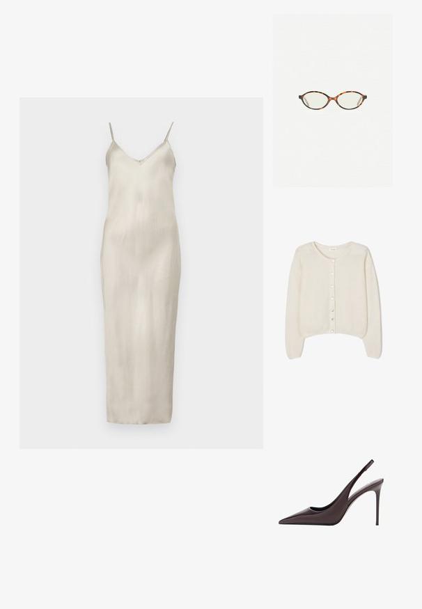 American Vintage VITO - Kardigan - blanc; Satinová slip šaty v světle béžové barvě, s tenkými nastavovacími ramínky, V- výstřihem a rovnou siluetou až na zem s hladkým povrchem.; Bordó lakovaná kožená lodička na vysokém podpatku se špičatou špičkou a štíhlým jehlovým podpatkem. Hladká textura a minimalistický design.; Želvovinové brýle s oválnými čočkami a hladkým, jemným povrchem. Má tenké bočnice s jemným zakřivením v chrámcích. Čiré čočky.