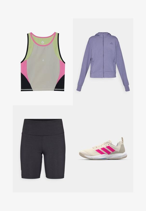 Hoodie zippé violet en tissu doux. Il dispose d'une capuche, de deux poches latérales et de poignets côtelés avec un logo en relief sur la poitrine.; Crop top de sport coloré avec un corps gris clair, des accents roses, noirs et verts, et un col rond avec des détails perforés.; Shorts de sport noirs en tissu extensible, avec une taille haute et des détails de couture plate. Conçus pour le confort et la mobilité.; Baskets de sport beiges avec un logo à trois bandes roses, tige en maille texturée, col rembourré et semelle en caoutchouc blanc, arborant le marquage "LIGHTSTRIKE".