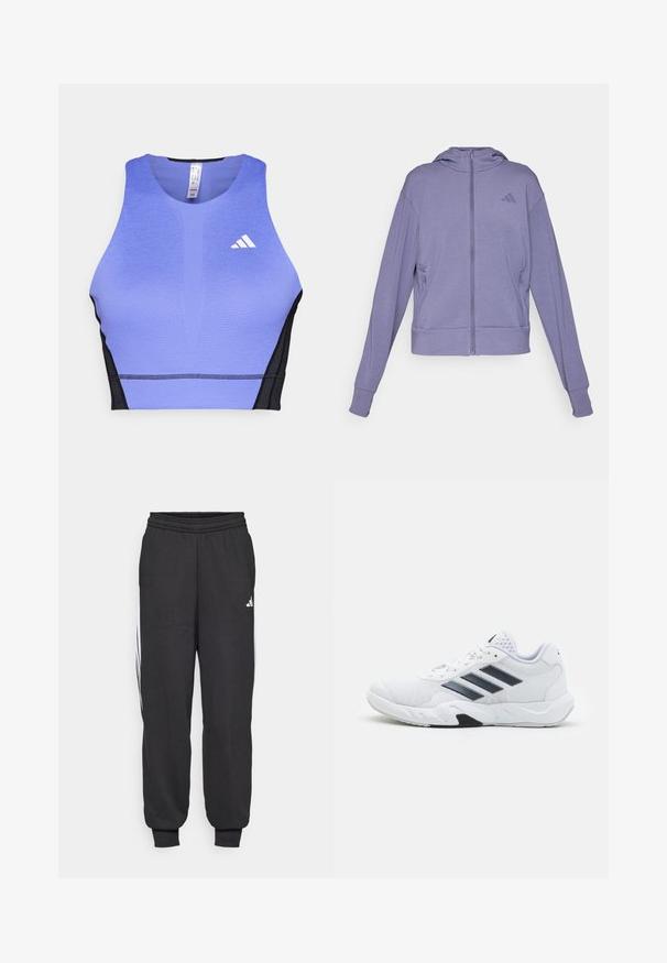 Paarse zip-up hoodie gemaakt van zachte stof. Kenmerken zijn een capuchon, twee zijzakken en ribgebreide mouwen met een reliëflogo op de borst.; Paarse sport crop top met een gestructureerd oppervlak, zwarte zijpanelen en een wit logo op de linkerkant van de borst. Atletisch ontwerp met een ronde hals. ; Zwarte sportbroeken met een elastische tailleband, taps toelopende enkels en witte zijkanten. Gemaakt van zachte stof met een gladde textuur.; Witte sportieve schoen met een bovenwerk van mesh, drie zwarte strepen aan de zijkant, gestructureerde accenten en een stevige rubberen zool met een contrasterend zwart gedeelte.