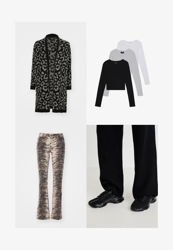 Black and gray leopard print cardigan with an open front, long sleeves, ribbed edges, and a soft knit texture.; Three long-sleeve tops stacked: black, grey, and white. Each has a round neckline and a cropped design with smooth, lightweight fabric.; Flared pants made of fabric with a beige and black tiger stripe pattern, featuring front pockets and a zip closure.; Black sneakers with a textured knit upper, sleek shape, and glossy black sole, featuring subtle reflective accents and lace-up design.