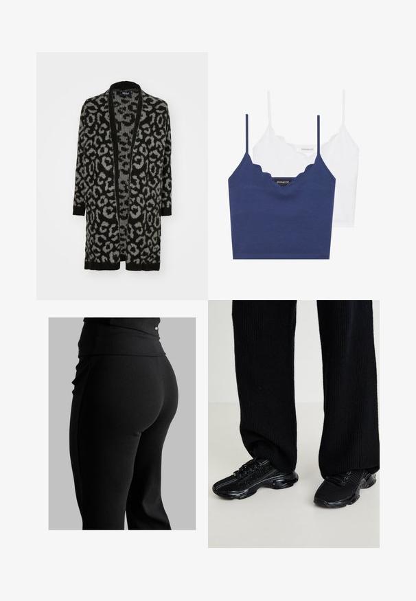 Juoda ir pilka leopardų rašto kardiganas su atvira priekiu, ilgomis rankovėmis, šonkauliuotais kraštais ir minkšta mezgimo tekstūra.; Tamsiai mėlynas ir baltas medvilninis braletės komplektas su banguotu iškirpimu, plonomis reguliuojamomis petnešėlėmis ir prigludusia siluetu. Logotipo etiketė vidinėje tamsiai mėlynos dalies pusėje.; Juodos su veliūro raštuodžiais antblauzdžiai su aukšta juosmens juostele, prilimpa prie kūno ir turi lygų paviršių. Juosmens juostoje yra subtili detalė.; Juodi sportbačiai su tekstūruoto pynimo viršumi, elegantiška forma ir blizgia juoda pade, su subtiliais atspindinčiais akcentais ir raištelių užsegimu.