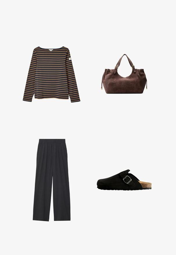 Gray knitted cardigan with a round collar, full zipper, and ribbed cuffs. Made from a soft material with a textured finish.; Striped long-sleeve top in navy and mustard yellow, featuring a boat neckline and a small logo patch on the left sleeve. Soft cotton fabric.; Wide-leg trousers made of dark gray fabric. Features pleats at the waist, a tailored design, and a straight silhouette.; Black suede clog with a rounded toe, adjustable metal buckle detail, and a cork footbed, featuring a textured rubber sole.; Brown suede shoulder bag with a rounded shape, dual top handles, drawstring closure, and gold-tone hardware accents.