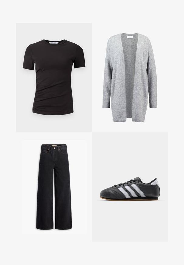 Cardigan grigio chiaro realizzato in morbido tessuto a maglia. Design aperto davanti con maniche lunghe e polsini a costine. Senza chiusure o decorazioni.; T-shirt nera a maniche corte realizzata in tessuto morbido, con collo rotondo e dettagli arricciati sul lato sinistro per una texture sottile.; Jeans neri a gamba larga in denim, dotati di cinque tasche, rivetti in rame e chiusura con bottone classico. Texture liscia con un design pulito.; Scarpa sportiva in pelle nera con strisce bianche, punta rotonda, suola piatta e chiusura con lacci. Presenta perforazioni per la traspirabilità.