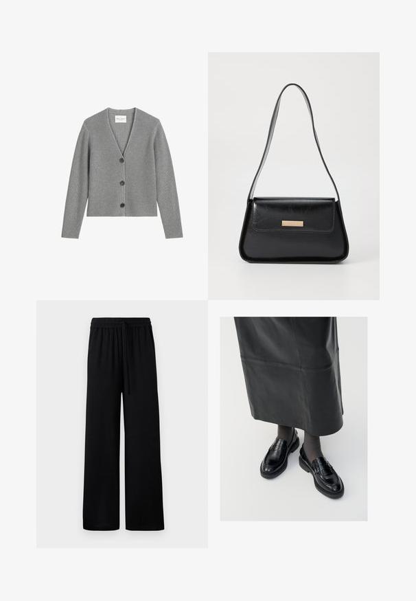 Gray ribbed cardigan, made of soft knit material, featuring a V-neck, long sleeves, and three black buttons down the front.; Black sleeveless turtleneck top, made from smooth fabric. Fitted design with a high neck and a straight hem, minimalistic and solid color.; Black wide-leg trousers with an elastic waistband and adjustable drawstring. Smooth fabric with no visible patterns or accents.; Black leather loafers with a smooth finish, featuring a decorative strap, round toe, and textured sole. Worn with a long black leather skirt.; Black leather handbag with a structured triangular shape, slim strap, and gold-tone hardware featuring a logo plaque on the front flap.