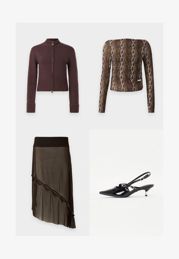 Dark brown ribbed knit zip-up cardigan with high collar, long sleeves, and floral zipper pulls.; Leopard print long-sleeve cropped top, featuring a smooth texture, brown and black color palette, and a subtle logo accent at the hem.; Black mesh skirt with a fitted waistband, asymmetrical hem, decorative buttons along the front, and layered sheer texture.; Black patent leather slingback shoes with pointed toe, narrow heel, and adjustable buckle strap across the instep. Smooth texture.