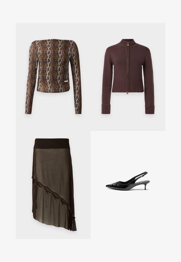 Tumši brūns ribotais adījums ar rāvējslēdzēju, augsts apkakle, garas piedurknes un ziedu formas rāvējslēdzēju rokturi.; Leoparda raksta garām piedurknēm apgrieztā krekla, ar gludu tekstūru, brūnu un melnu krāsu paleti, un smalku logotipa akcentu apakšmalā.; Melnā acu svārku ar pieguļošu jostu, asimetrisku apakšmalu, dekoratīvām pogām priekšpusē un slāņotu caurspīdīgu tekstūru.; Melni ādas sandales ar norādītu pirkstu, mazu kaķa papēdi un dekoratīvu mezglu detaļu priekšā. Gluda tekstūra visā virsmā.