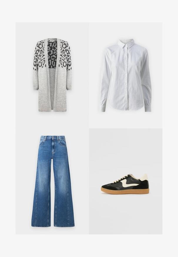 Hallikas kudumiga kardigan pikkade varrukatega ja avatud ees. Ülemises osas on must leopardimuster. Pehme tekstuur.; Valge nööpidega särk, mis on valmistatud siledast puuvillast. Särgil on klassikaline krae, pikad varrukad ja kaarduv äär. Nöödid on väikesed ja valged.; Laiad sinised denim püksid kõrge vöökohaga, millel on ees taskud ja pleekinud välimus, valmistatud puuvillast sujuva tekstuuriga.; Must musta ja nahast sneakersid, millel on koorevärvi külgsuund ja hele koorik. Omab beeži paelu ja kummi kummist välistalla.