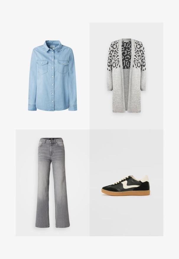 Gray knitted cardigan with long sleeves and an open front. Features a black leopard print design on the upper part. Soft texture.; Light blue denim shirt with a classic collar, long sleeves, and two chest pockets. Features button front and sturdy stitching details.; High-waisted straight-leg gray denim jeans with front button and zipper, front and back pockets, and faded shading on thighs and calves.; Black suede and leather sneaker with a cream side swoosh and light cream heel. Features beige laces and a gum rubber outsole.