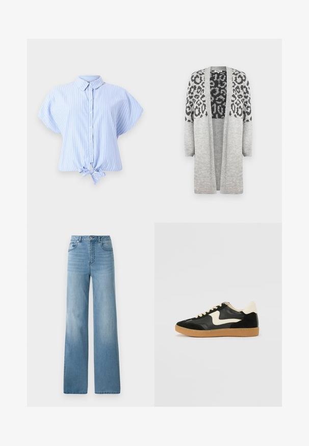 Cardigã cinza tricotado com mangas longas e frente aberta. Apresenta um padrão de estampa leopardo preto na parte superior. Textura suave.; Camisa de botão azul claro de mangas curtas com riscas verticais brancas e detalhe de laço na frente, feita de um tecido suave com um corte descontraído.; Jeans de cintura alta azul clara com um design de perna reta. Feitos em denim, com cinco bolsos e fecho de botão.; Sapatilha em camurça e couro pretos com um swoosh lateral em creme e um calcanhar em creme claro. Apresenta atacadores bege e uma sola de borracha tipo gum.
