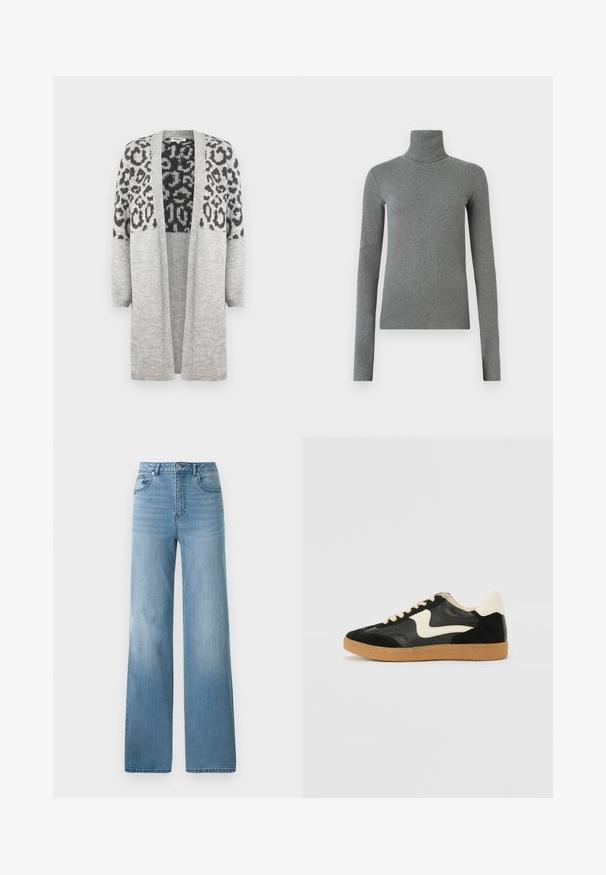 Gray knitted cardigan with long sleeves and an open front. Features a black leopard print design on the upper part. Soft texture.; Gray turtleneck shirt made of smooth, stretchy fabric. Long sleeves, fitted design, minimal texture, with no visible patterns or hardware.; Light blue high-waisted jeans with a straight-leg design. Crafted from denim, featuring five pockets and a button-fly closure.; Black suede and leather sneaker with a cream side swoosh and light cream heel. Features beige laces and a gum rubber outsole.