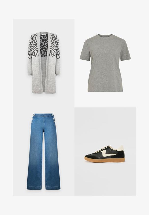 Cardigã cinza tricotado com mangas longas e frente aberta. Apresenta um padrão de estampa leopardo preto na parte superior. Textura suave.; T-shirt de algodão cinzento com gola redonda clássica, mangas curtas e textura suave, adequada para uso casual.; Calças de ganga azuis de perna larga com uma cintura alta, detalhes laterais com botões e uma bainha limpa. O tecido tem uma textura suave com ligeira descoloração.; Sapatilha em camurça e couro pretos com um swoosh lateral em creme e um calcanhar em creme claro. Apresenta atacadores bege e uma sola de borracha tipo gum.