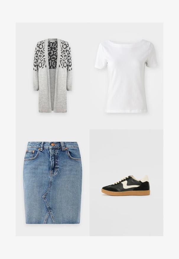 Szary sweter dzianinowy z długimi rękawami i otwartym przodem. Posiada czarny wzór w panterę na górnej części. Miękka faktura.; Biała koszulka z krótkim rękawem, wykonana z bawełny, z okrągłym dekoltem i gładką fakturą. Prosty i niezbyt zdobny design.; Jeansowa spódnica w średnim odcieniu niebieskiego, o dopasowanym kroju, z kieszeniami z przodu i ukośnym szwem. Standardowy pas z metalowym zapięciem na guzik.; Czarne zamszowe i skórzane sneakersy z kremowym boku i jasnokremowym piętą. Posiada beżowe sznurowadła i gumową podeszwę.