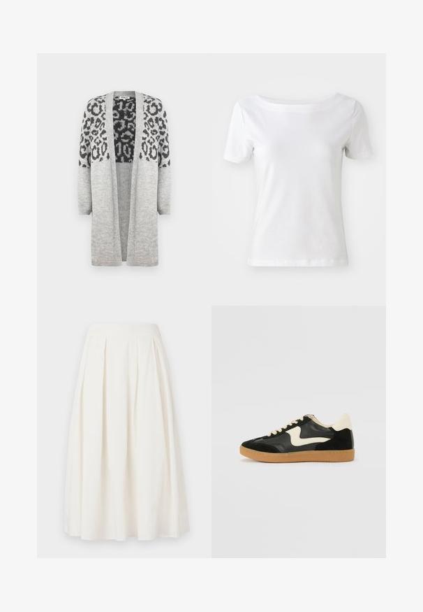 Cardigan en tricot gris avec des manches longues et un devant ouvert. Présente un motif léopard noir sur la partie supérieure. Texture douce.; T-shirt blanc à manches courtes en coton avec un col bateau et une texture lisse. Design simple et dépouillé.; Jupe plissée blanche en coton, offrant un design mi-long avec une ceinture lisse et une silhouette en A.; Baskets en daim et cuir noir avec un swoosh latéral crème et un talon crème clair. Dotées de lacets beige et d'une semelle en caoutchouc gomme.