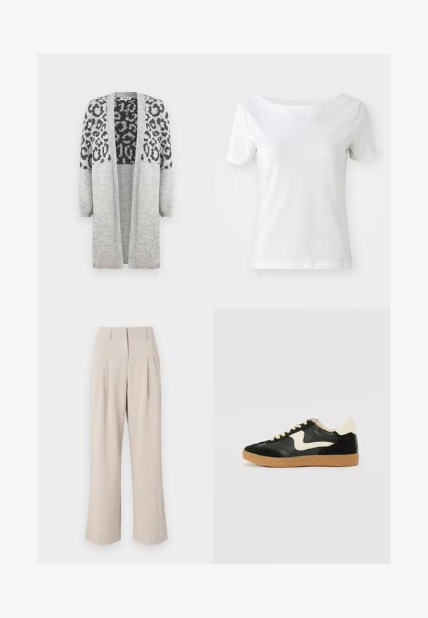 Cardigan en tricot gris avec des manches longues et un devant ouvert. Présente un motif léopard noir sur la partie supérieure. Texture douce.; T-shirt blanc à manches courtes en coton avec un col bateau et une texture lisse. Design simple et dépouillé.; Pantalons larges beige à taille haute, dotés de plis à l'avant, d'une texture lisse et d'un design ajusté. Pas de poches visibles ni de décorations.; Baskets en daim et cuir noir avec un swoosh latéral crème et un talon crème clair. Dotées de lacets beige et d'une semelle en caoutchouc gomme.