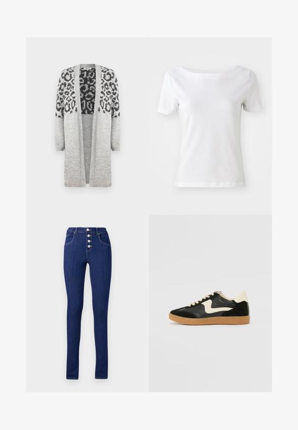 Cardigan grigio lavorato a maglia con maniche lunghe e apertura frontale. Presenta un motivo leopardato nero nella parte superiore. Texture morbida.; T-shirt bianco a maniche corte realizzato in cotone, con scollo a barca e una trama liscia. Design semplice e privo di decorazioni.; Jeans skinny in denim blu scuro, con vita alta, una chiusura a bottoni con cinque bottoni argentati e tasche posteriori minimaliste.; Sneaker nera in suede e pelle con un sorriso laterale crema e un tallone di un leggero crema. Presenta lacci beige e una suola in gomma color caramello.
