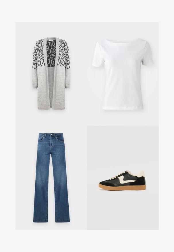 Sivi pleteni kardigan s dugim rukavima i otvorenim prednjim dijelom. Sadrži crni uzorak leoparda na gornjem dijelu. Mekana tekstura.; Bijela kratka majica s kratkim rukavima, izrađena od pamuka, s brodskim izrezom i glatkom teksturom. Jednostavan i neukrašen dizajn.; Tamno plave traperice sa ravnim nogavicama, visokog struka, s pet džepova i metalnim kopčanjem. Istaknuti detalji izbjeljivanja.; Crna nubuk i kožna tenisica s kremastim bočnim swooshom i svijetlom kremastom petom. Sadrži bež vezice i gumu na potplatu.