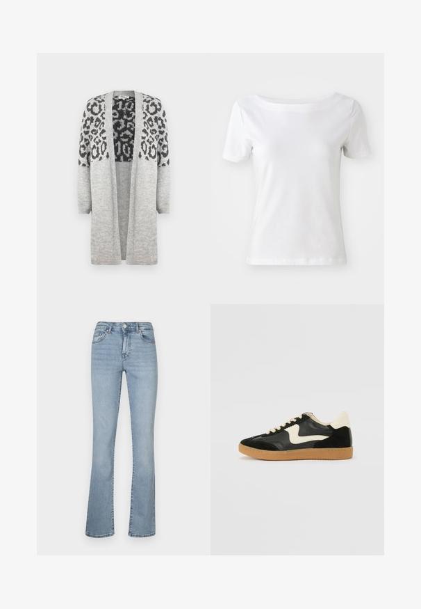 Pelēks adīts kardigans ar garām piedurknēm un atvērtu priekšpusi. Augšējā daļā ir melns leopards apdruka. Mīksta tekstūra.; Baltās īsām piedurknēm T-kreklu, kas izgatavots no kokvilnas, ar laivu formas kakla izgriezumu un gludu tekstūru. Vienkāršs un bez rotājumiem dizains.; Gaišzili džinsa bikses ar platu apakšdaļu un augstu jostasvietu, ar rāvējslēdzēju un pogu, piecām kabatām un vieglu izbalēšanu pa kājām.; Melna zamšāda un ādas sporta apavi ar krēmkrāsas sānu svītru un gaiši krēmkrāsas papēdi. Ar beigu krāsas auklām un gumijas zole.