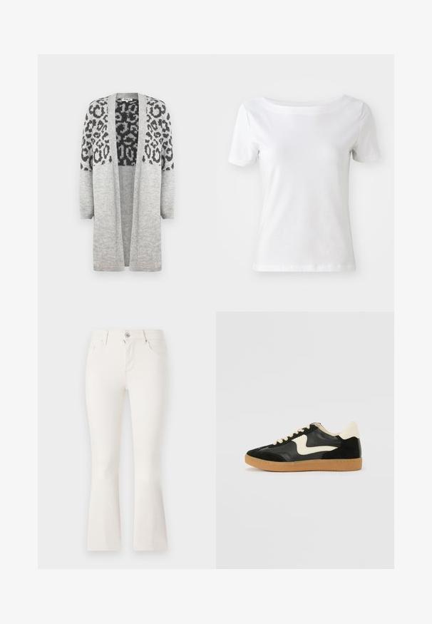 Šedý pletený kardigan s dlouhými rukávy a otevřeným předním zapínáním. Vyznačuje se černým leopardím vzorem na horní části. Měkká textura.; Bílý krátký rukáv tričko vyrobené z bavlny s lodičkovým výstřihem a hladkým povrchem. Jednoduchý a nezdobený design.; Bílé zvonové džíny vyrobené z denimu s přiléhavým pasem, pěti kapsami a předním zipovým zapínáním. Hladký povrch a čistý design.; Černé semišové a kožené tenisky s krémovým postranním swooshem a světlým krémovým podpatkem. Mají béžové tkaničky a podešev z gumové pryže.