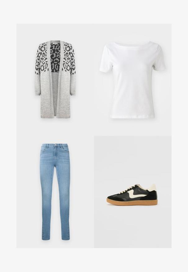 Cardigan gris de punto con mangas largas y frontales abiertos. Presenta un diseño de estampado de leopardo negro en la parte superior. Textura suave.; T-shirt blanca de manga corta hecha de algodón, con cuello barco y una textura suave. Diseño simple y sin adornos.; Jeans skinny de color azul claro en tejido de denim. Cuenta con cinco bolsillos, pasadores para cinturón y un cierre frontal con botón. Textura suave con un ligero desgastado.; Zapatillas de deporte de ante y cuero negro con un swoosh lateral en crema y un talón en crema claro. Presenta cordones beige y una suela de goma marrón.