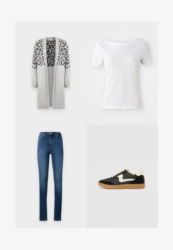 Sivi pleteni kardigan s dugim rukavima i otvorenim prednjim dijelom. Sadrži crni uzorak leoparda na gornjem dijelu. Mekana tekstura.; Bijela kratka majica s kratkim rukavima, izrađena od pamuka, s brodskim izrezom i glatkom teksturom. Jednostavan i neukrašen dizajn.; Traperice visokog struka u srednje plavoj boji s klasičnim stilom s pet džepova i zatvaranjem na gumb.; Crna nubuk i kožna tenisica s kremastim bočnim swooshom i svijetlom kremastom petom. Sadrži bež vezice i gumu na potplatu.