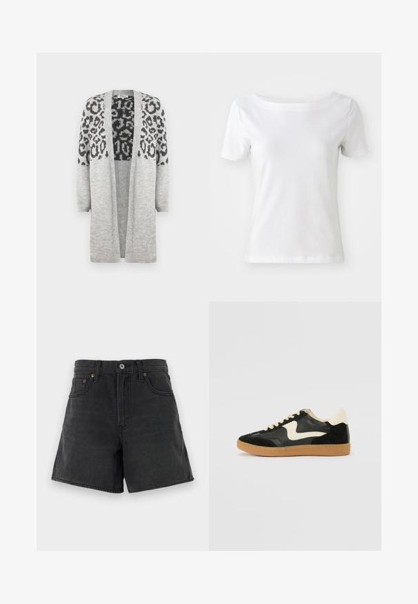 Grå strikket cardigan med lange ærmer og åben front. Har et sort leopardprintdesign på den øvre del. Blød tekstur.; Hvid kortærmet t-shirt lavet af bomuld med bådudskæring og en glat tekstur. Simpelt og udekoreret design.; Sorte denimshorts med klassisk snit, der har en knapåbning, fem lommer og minimal syning. Glat tekstur.; Sorte ruskinds- og lædersneakers med en cremefarvet side-swoosh og lys cremefarvet hæl. Har beige snørebånd og en gummirubber-sål.