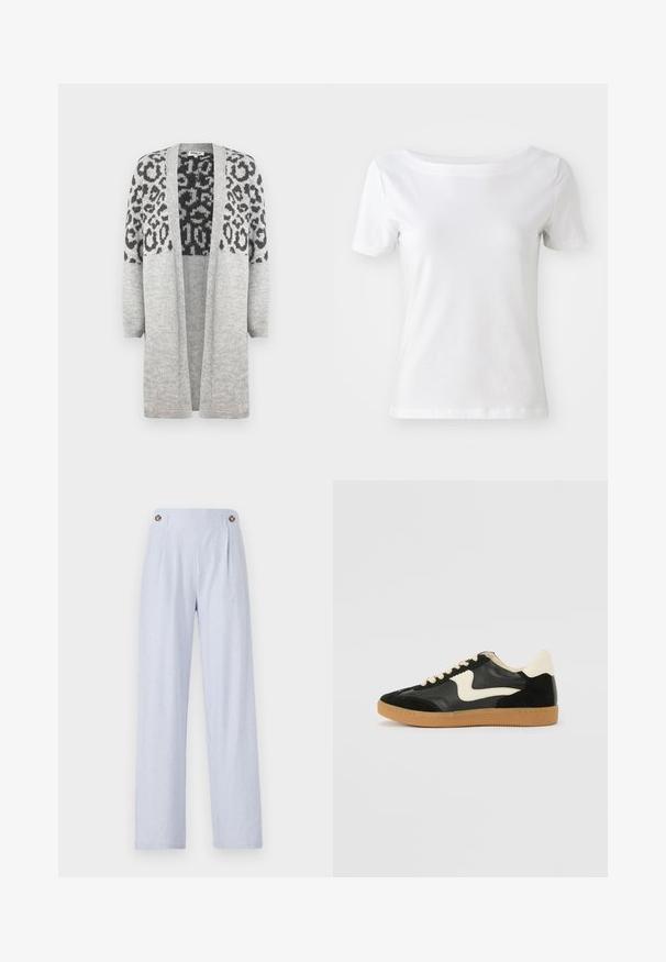 Cardigan en tricot gris avec des manches longues et un devant ouvert. Présente un motif léopard noir sur la partie supérieure. Texture douce.; T-shirt blanc à manches courtes en coton avec un col bateau et une texture lisse. Design simple et dépouillé.; Pantalon rayé bleu clair avec une coupe évasée, comportant deux boutons proéminents à la taille et une texture de tissu douce.; Baskets en daim et cuir noir avec un swoosh latéral crème et un talon crème clair. Dotées de lacets beige et d'une semelle en caoutchouc gomme.