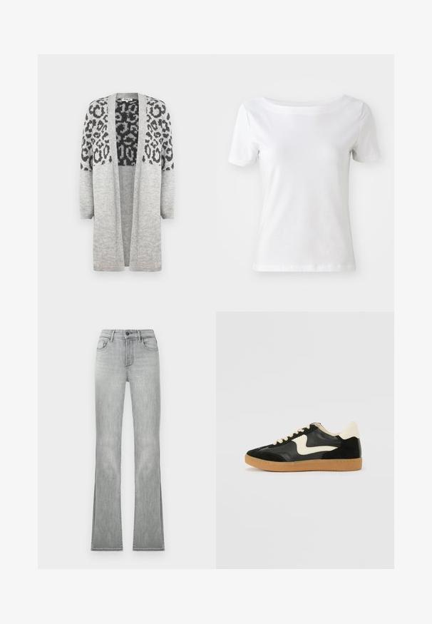 Harmaa neulecardigan, jossa on pitkät hihat ja avoin etuosa. Yläosassa on musta leopardikuosisuunnittelu. Pehmeä rakenne.; Valkoinen lyhythihainen T-paita, joka on valmistettu puuvillasta, veneenauhalla ja sileällä tekstuurilla. Yksinkertainen ja koristamaton muotoilu.; Vaaleanharmaat leveälahkeiset farkut, joissa on sileä denimkangas. Etutaskut ja nappisuljenta. Hieman halkiot lahkeiden sivuilla lisäämään yksityiskohtia.; Mustat mokka- ja nahkakengät, joissa on kermaisen valkoinen sivupainatus ja vaalea kermaisine kantapää. Varustettu beigeillä nauhoilla ja kumista valmistetulla ulkopohjalla.